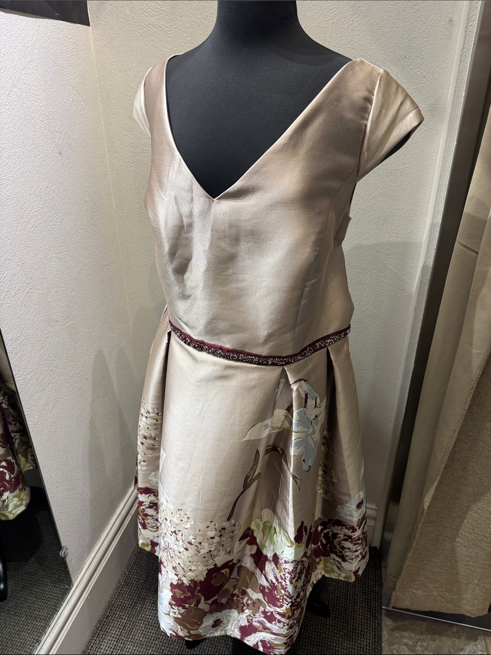 Annabelle Cream Floral Midi Dress with Burgundy Border